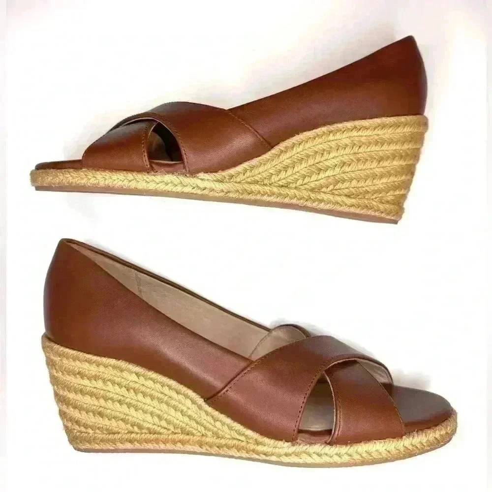 Jack Rogers Womens PALMER Crisscross Wedge Espadrille Heels Mocha Leather SZ-6